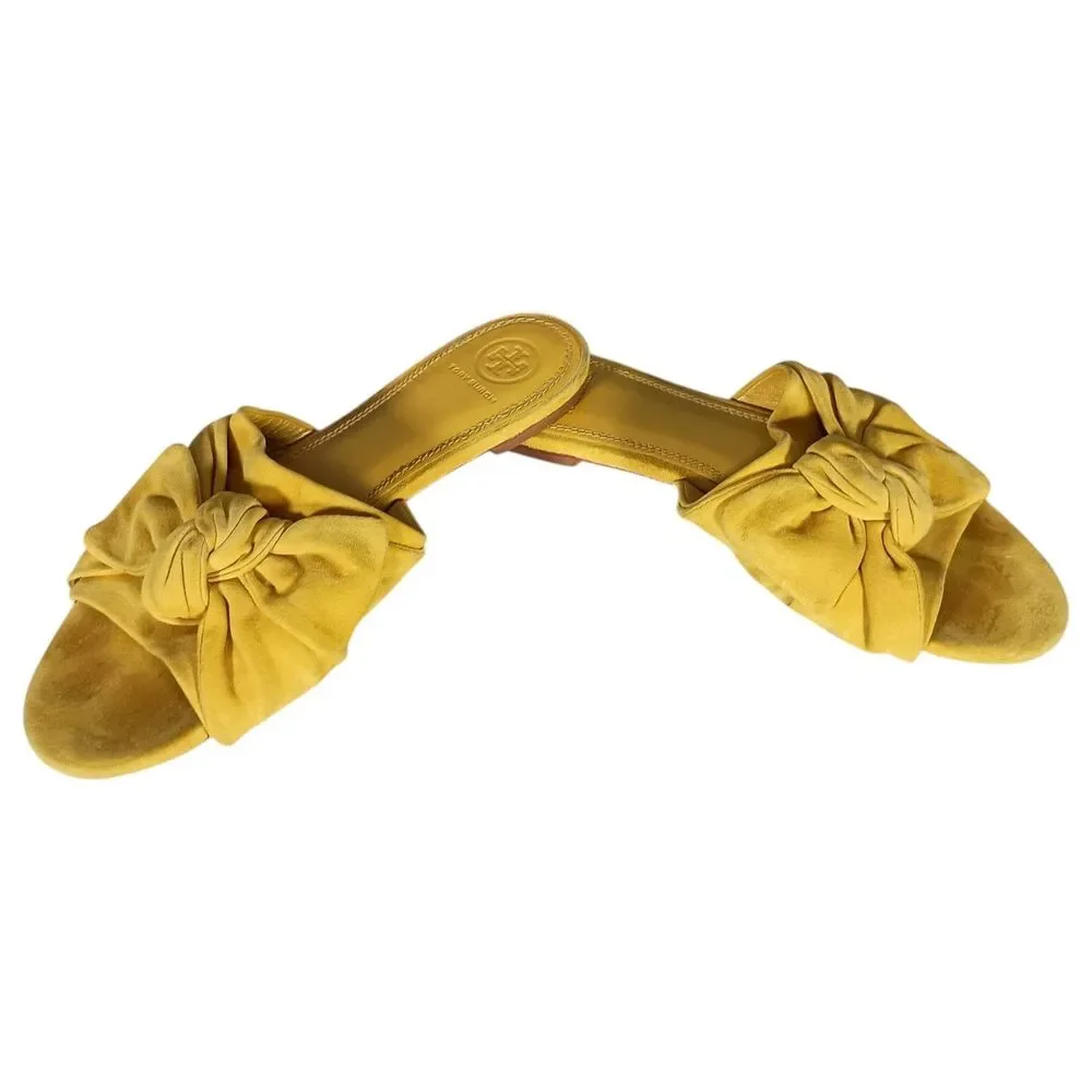 Tory Burch Annabelle Bow Slides Flats Sandals Yellow Suede Womens 8